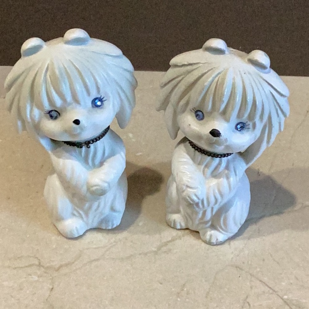 Lego Maltese Dog  Salt And Pepper Shakers Rhinestone Eyes Made in Japan